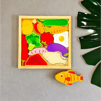 Vegetable Puzzle - Wooden Square Tray With Vegetable Blocks