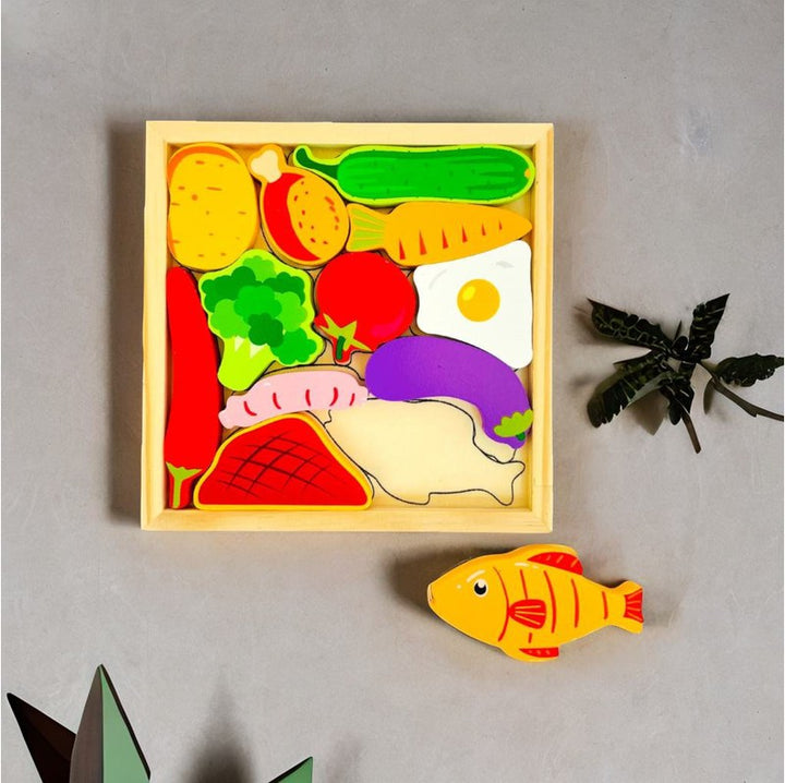 Vegetable Puzzle - Wooden Square Tray With Vegetable Blocks