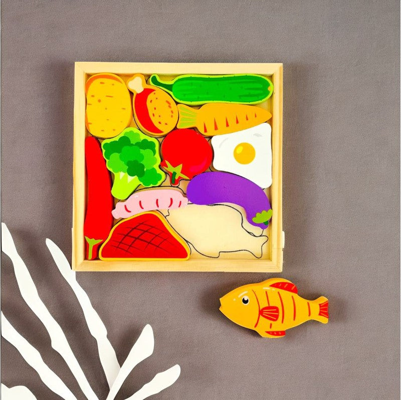 Vegetable Puzzle - Wooden Square Tray With Vegetable Blocks