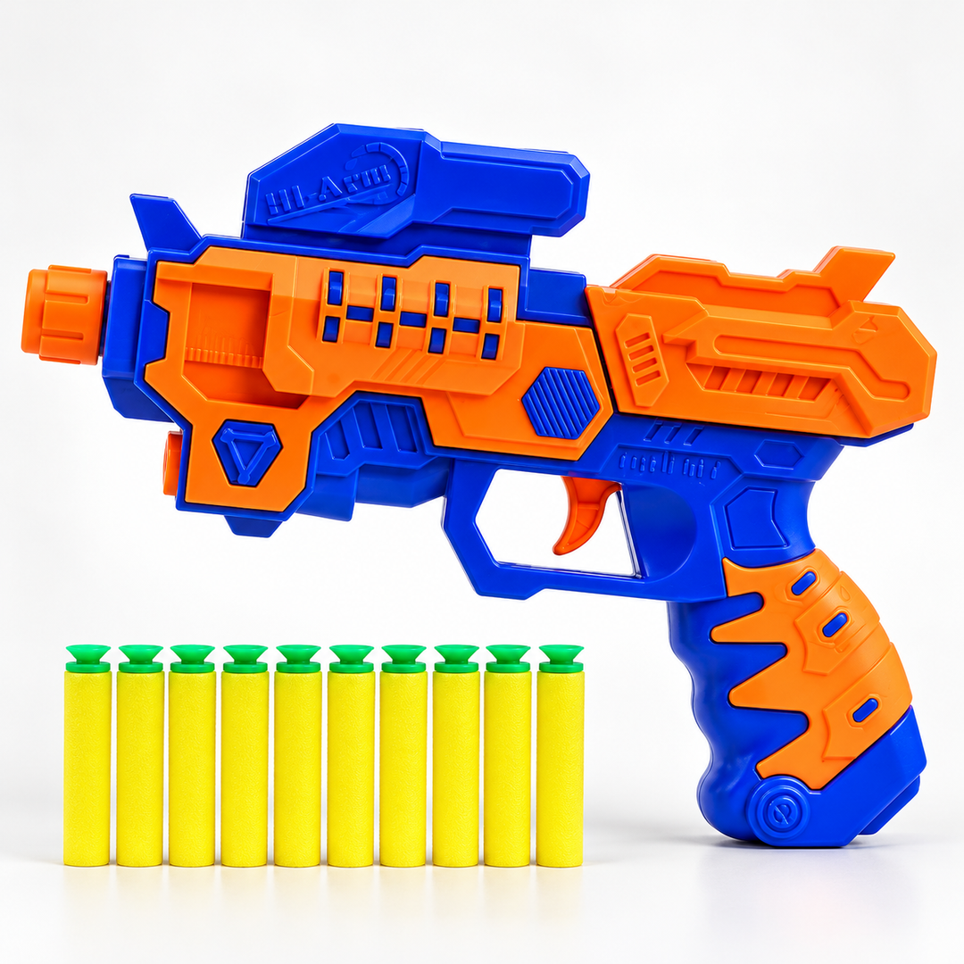 Chanak Soft Bullet Blaster Toy | 40 Feet Range with 10 Bullets - Blue Orange