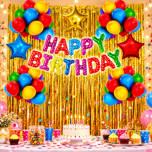 Birthday Party Decoration Kit - Happy Birthday Foil set, 30 Pcs Balloons, 3 Star Balloon, 2 Foil Curtains