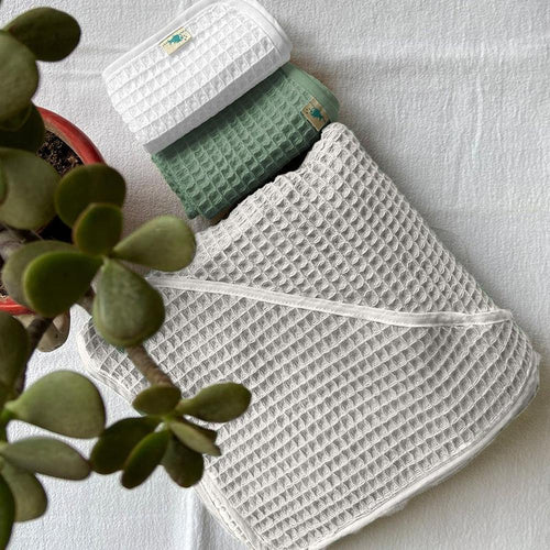 Whitewater Organic Handwoven Ivory Waffle Hooded Towel Set | Essential Bag