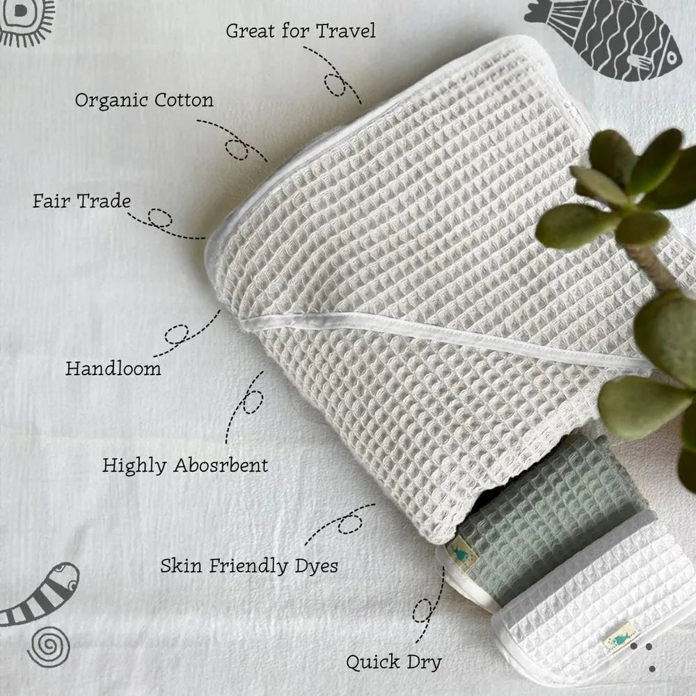 Whitewater Organic Handwoven Ivory Waffle Hooded Towel Set | Essential Bag