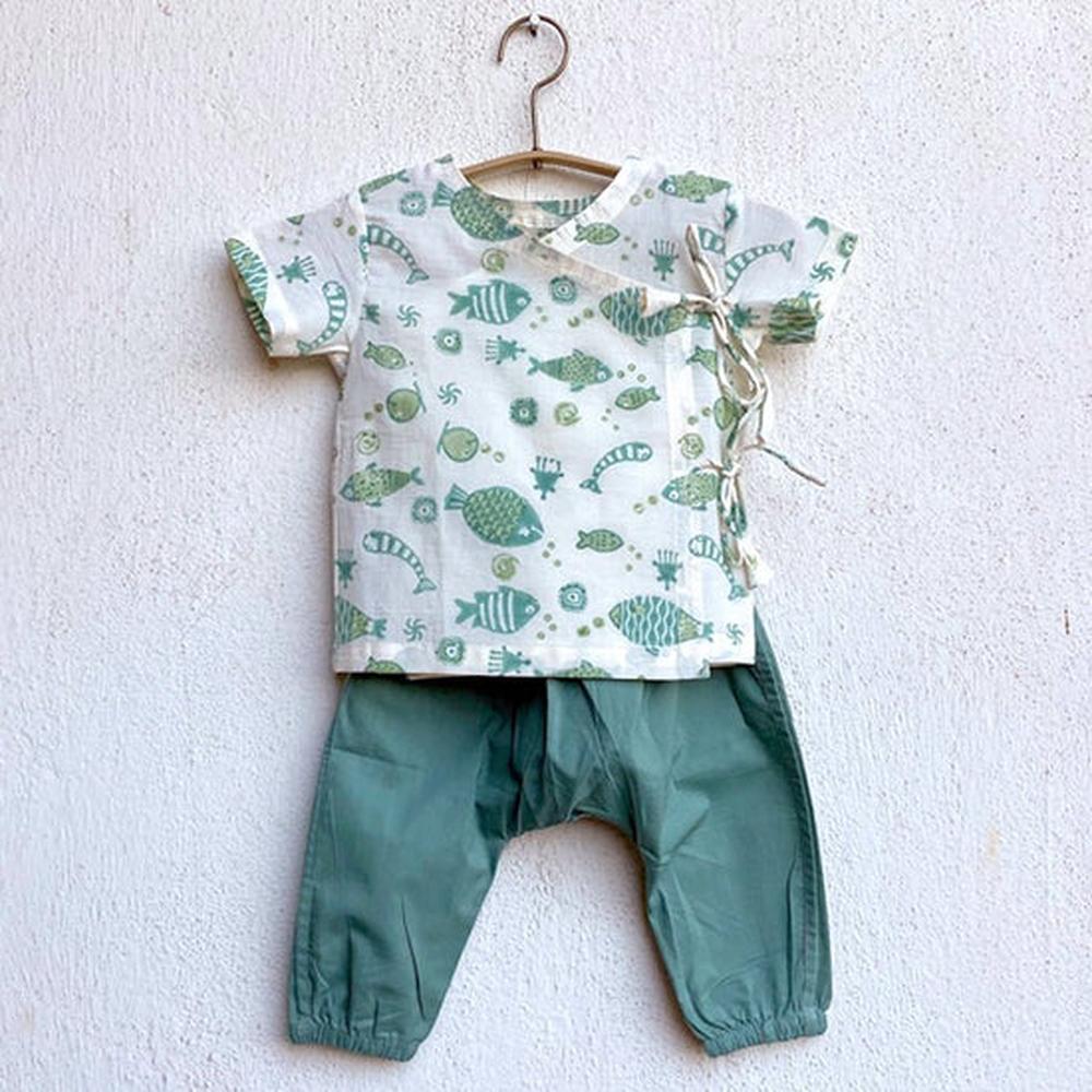 Whitewater Cotton Angarakha and Pyjama Pants Set | Mint Koi