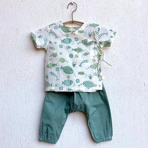 Whitewater Cotton Angarakha and Pyjama Pants Set | Mint Koi
