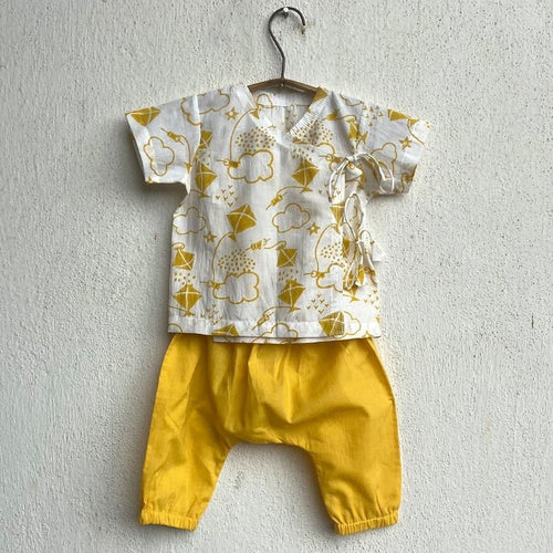 Whitewater Cotton Yellow Patang Angarakha and Pyjama Pants Set