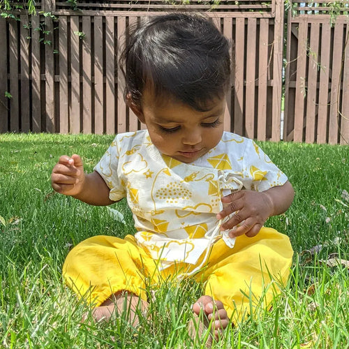 Whitewater Cotton Yellow Patang Angarakha and Pyjama Pants Set
