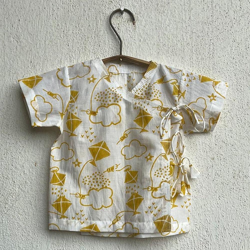 Whitewater Cotton Yellow Patang Angarakha and Pyjama Pants Set