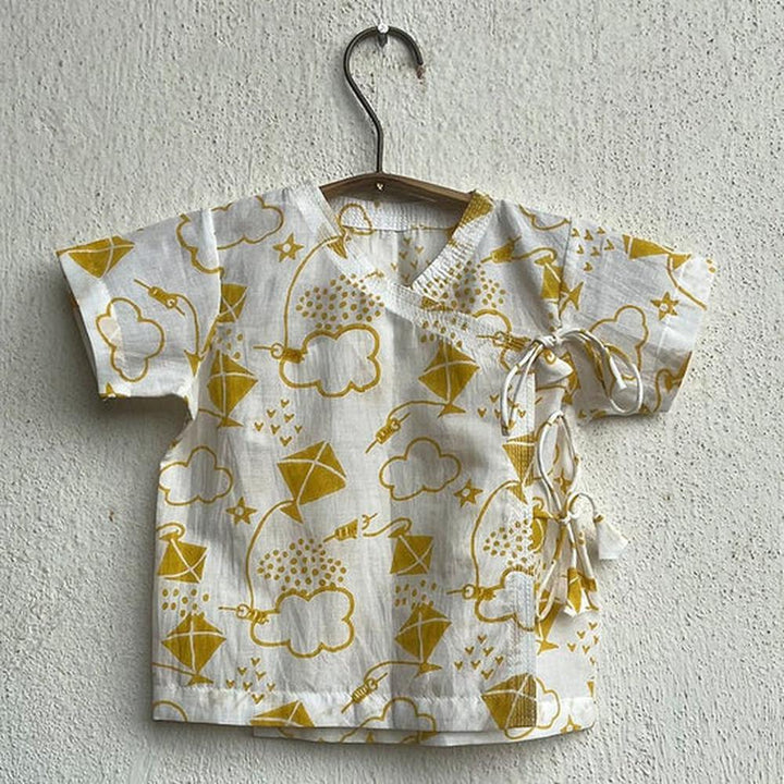 Whitewater Cotton Yellow Patang Angarakha and Pyjama Pants Set