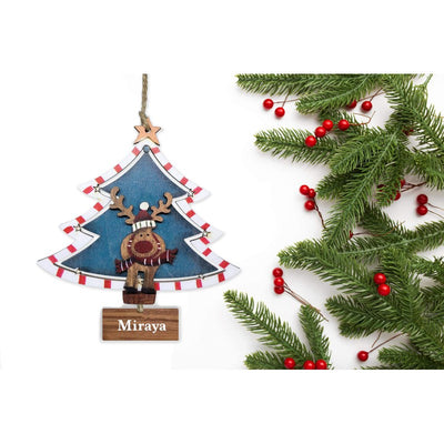 Personalised Wooden Christmas Tree With Reindeer Ornament - Green (COD not Available)