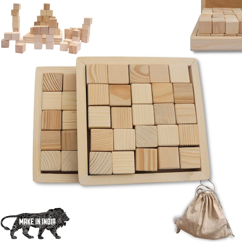 Wooden Building Blocks Cubes 50 pcs Toy for Kids - Natural safe