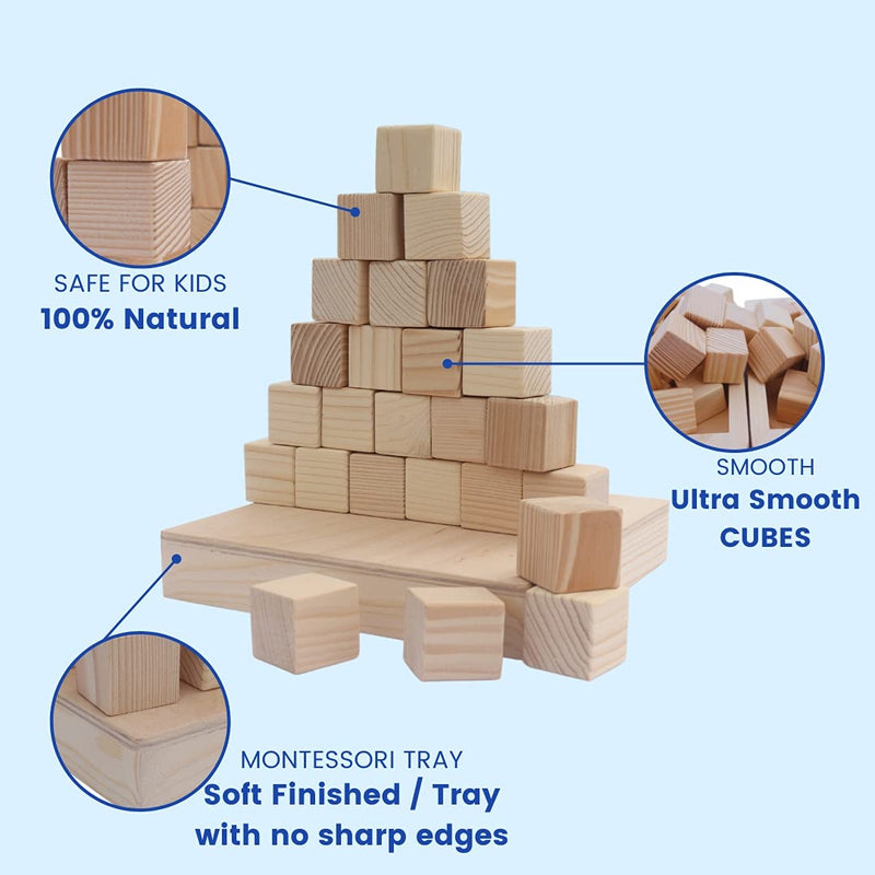 Wooden Building Blocks Cubes 50 pcs Toy for Kids - Natural safe