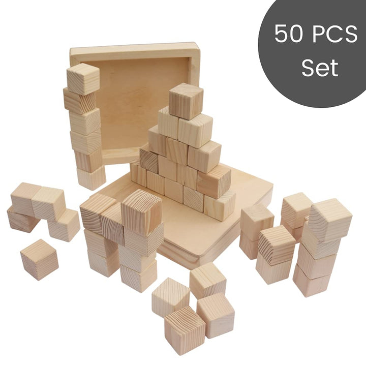 Wooden Building Blocks Cubes 50 pcs Toy for Kids - Natural safe