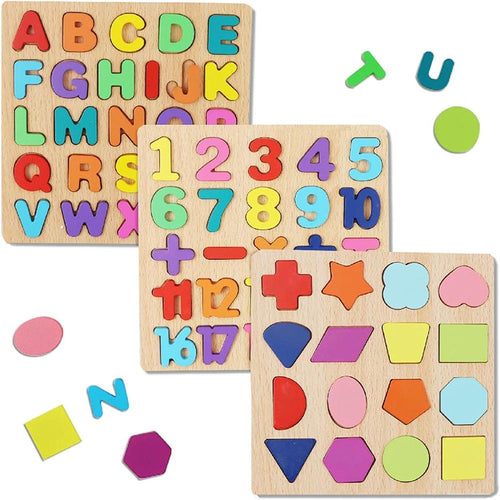 Hop N Play Set of 3 Wooden Puzzles | Alphabets, Numbers & Shapes (2-5 Years)