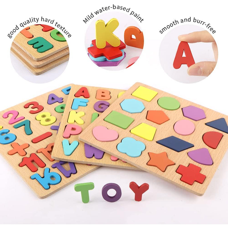 Hop N Play Set of 3 Wooden Puzzles | Alphabets, Numbers & Shapes (2-5 Years)