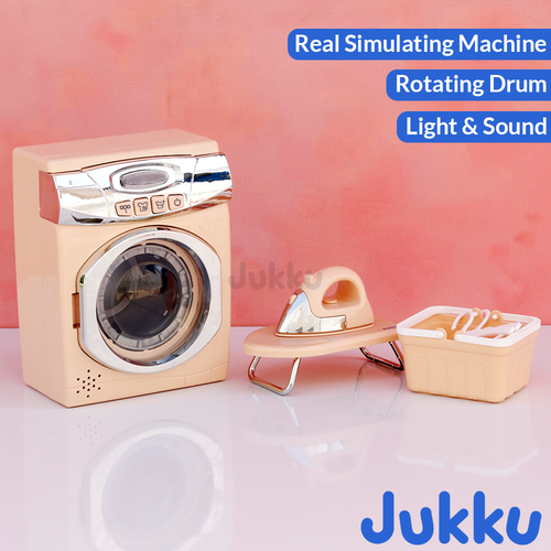 Jukku Set of 5 Realistic Little Laundry Set - Washing Machine, Iron with Table, Basket & Hangers | Light, Sound & Action (3-8 Years)