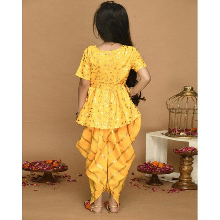 Saka Designs Girls Yellow Printed Peplum Top with Dhoti Pants Set | Traditional Ethnic Wear | Festive & Wedding Outfit