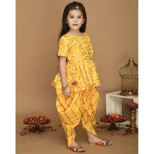 Saka Designs Girls Yellow Printed Peplum Top with Dhoti Pants Set | Traditional Ethnic Wear | Festive & Wedding Outfit