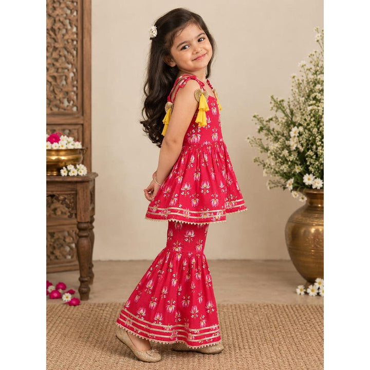 Saka Designs Girls Red Lotus Printed Peplum Sharara Set | Shoulder Tie-Up with Tassels | Traditional Festive & Wedding Wear