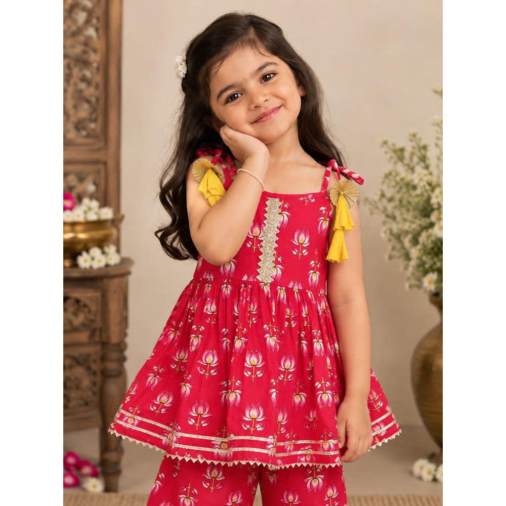 Saka Designs Girls Red Lotus Printed Peplum Sharara Set | Shoulder Tie-Up with Tassels | Traditional Festive & Wedding Wear