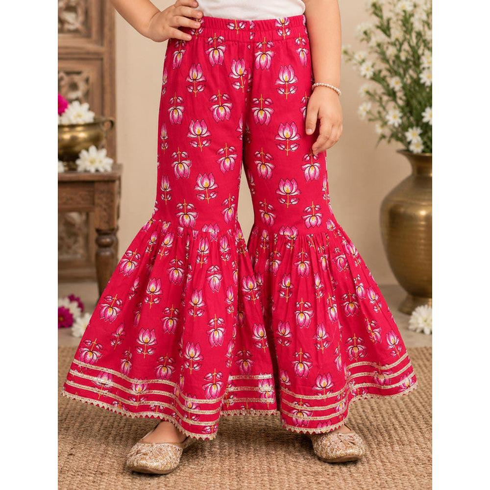 Saka Designs Girls Red Lotus Printed Peplum Sharara Set | Shoulder Tie-Up with Tassels | Traditional Festive & Wedding Wear