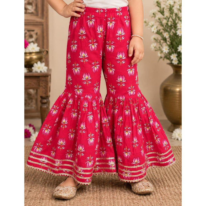Saka Designs Girls Red Lotus Printed Peplum Sharara Set | Shoulder Tie-Up with Tassels | Traditional Festive & Wedding Wear