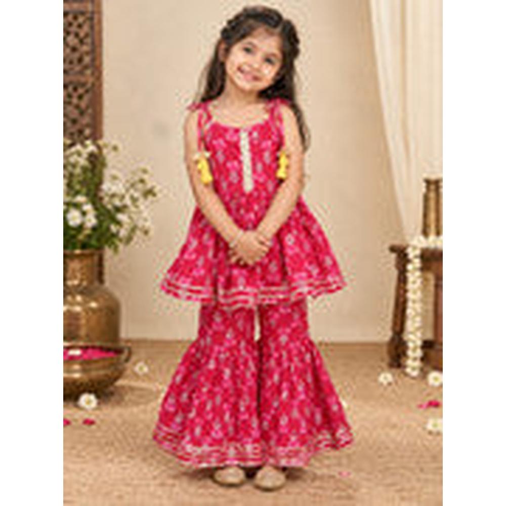 Saka Designs Girls Red Floral Printed Peplum Top with Sharara Set | Traditional Ethnic Wear | Festive & Wedding Outfit