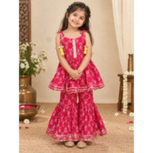 Saka Designs Girls Red Floral Printed Peplum Top with Sharara Set | Traditional Ethnic Wear | Festive & Wedding Outfit