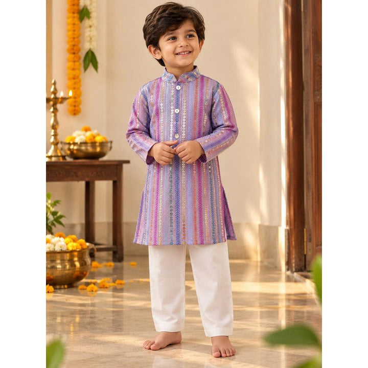 Saka Designs Boys Purple Sequinned & Thread Work Kurta with White Pyjama Set | Traditional Ethnic Wear | Festive & Wedding Outfit