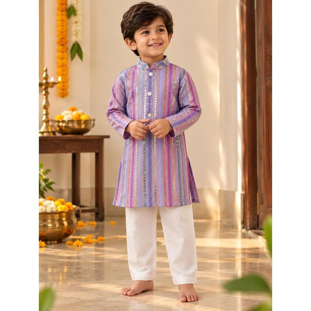 Saka Designs Boys Purple Sequinned & Thread Work Kurta with White Pyjama Set | Traditional Ethnic Wear | Festive & Wedding Outfit