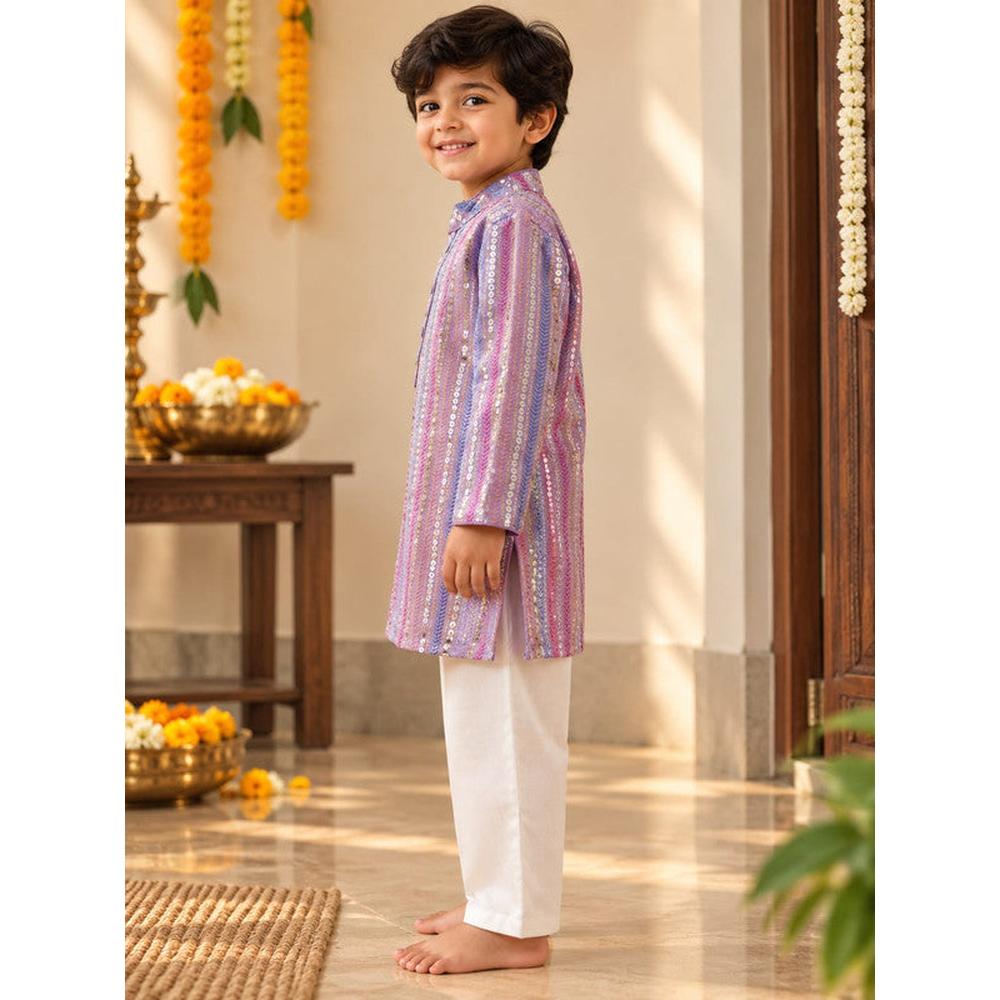 Saka Designs Boys Purple Sequinned & Thread Work Kurta with White Pyjama Set | Traditional Ethnic Wear | Festive & Wedding Outfit