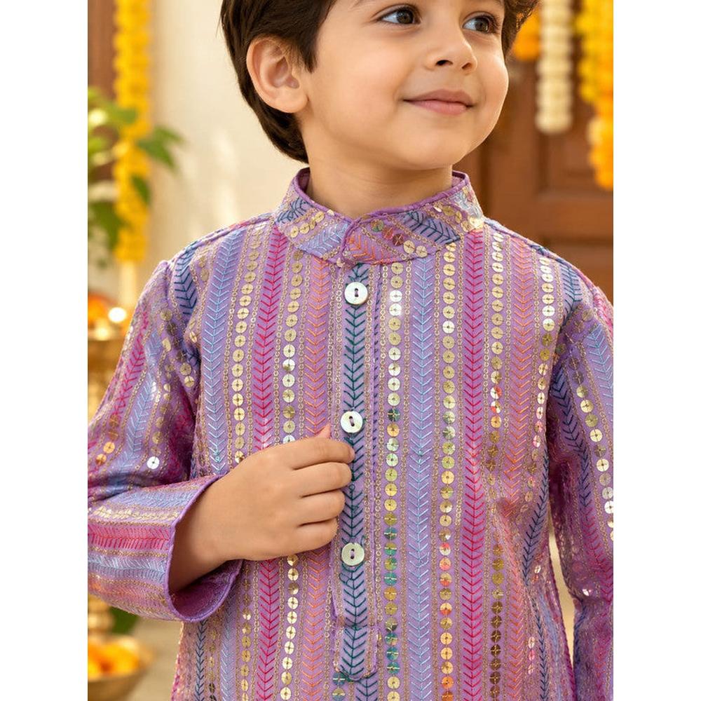 Saka Designs Boys Purple Sequinned & Thread Work Kurta with White Pyjama Set | Traditional Ethnic Wear | Festive & Wedding Outfit