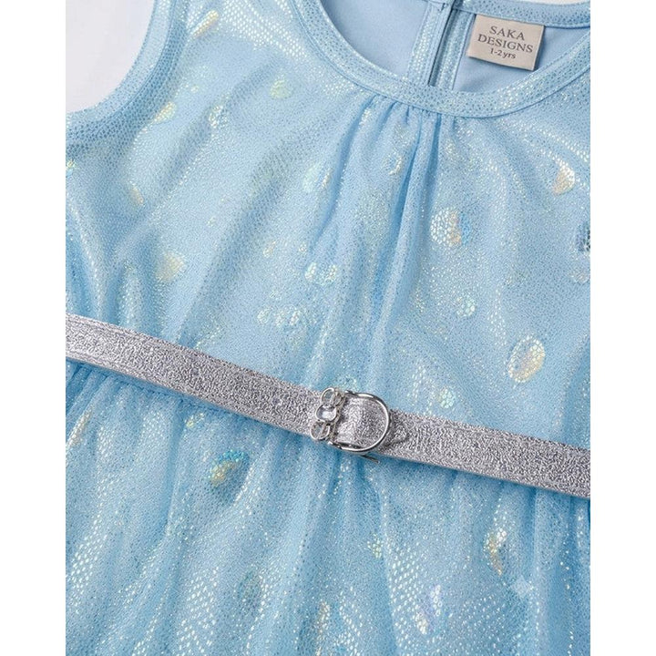 Saka Designs Girls Sky Blue Shimmer Sequinned Fit & Flare Party Dress | Sleeveless Tiered Frock | Birthday & Special Occasion Wear