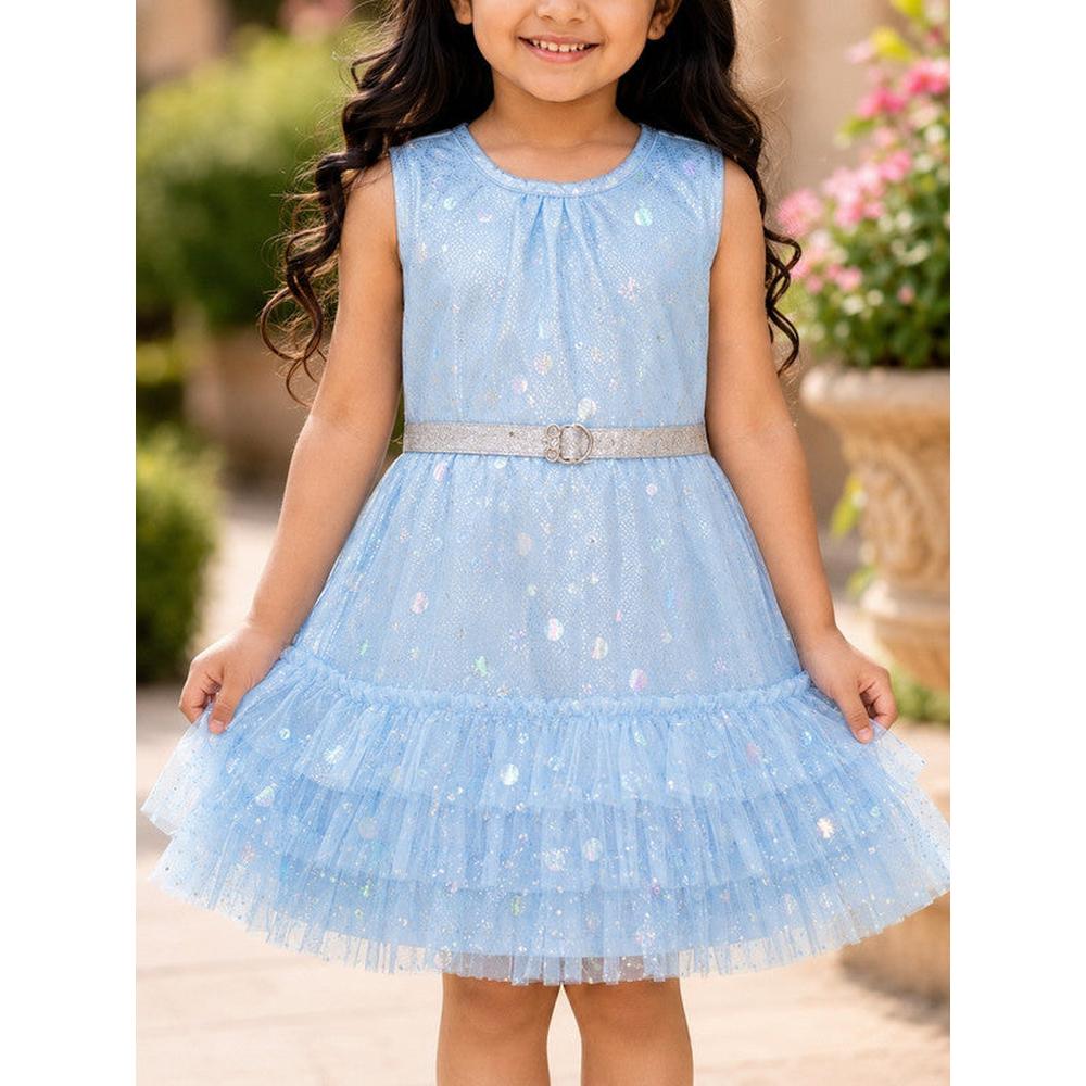 Saka Designs Girls Sky Blue Shimmer Sequinned Fit & Flare Party Dress | Sleeveless Tiered Frock | Birthday & Special Occasion Wear