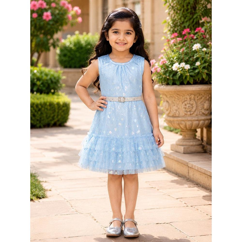 Saka Designs Girls Sky Blue Shimmer Sequinned Fit & Flare Party Dress | Sleeveless Tiered Frock | Birthday & Special Occasion Wear