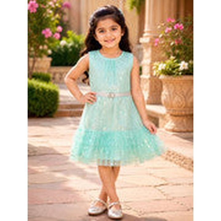 Saka Designs Girls Turquoise Shimmer Sequinned Fit & Flare Party Dress | Sleeveless Tiered Frock | Birthday & Special Occasion Wear