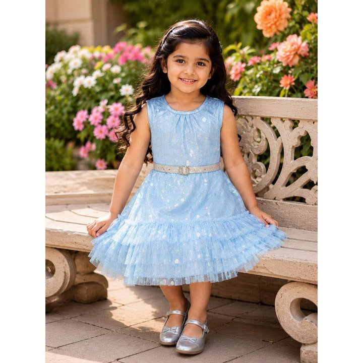 Saka Designs Girls Sky Blue Shimmer Sequinned Fit & Flare Party Dress | Sleeveless Tiered Frock | Birthday & Special Occasion Wear