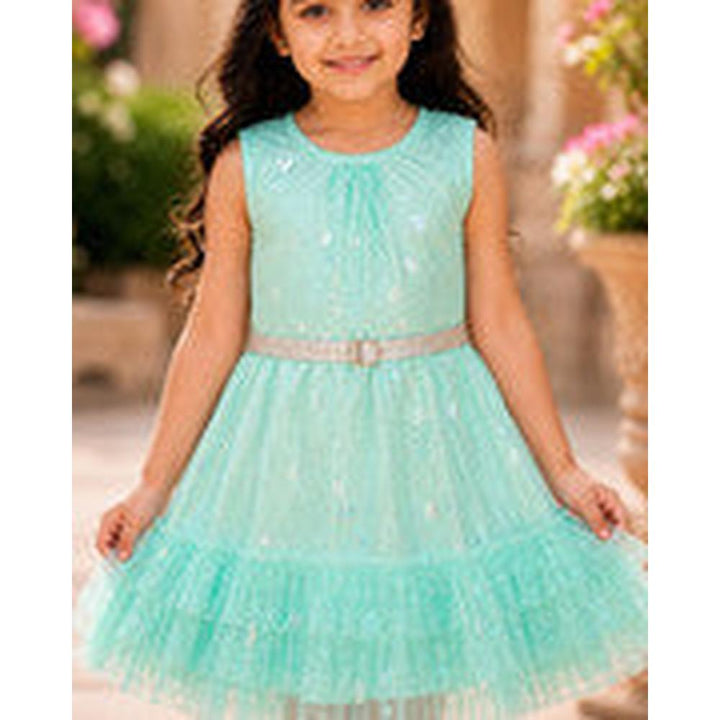 Saka Designs Girls Turquoise Shimmer Sequinned Fit & Flare Party Dress | Sleeveless Tiered Frock | Birthday & Special Occasion Wear