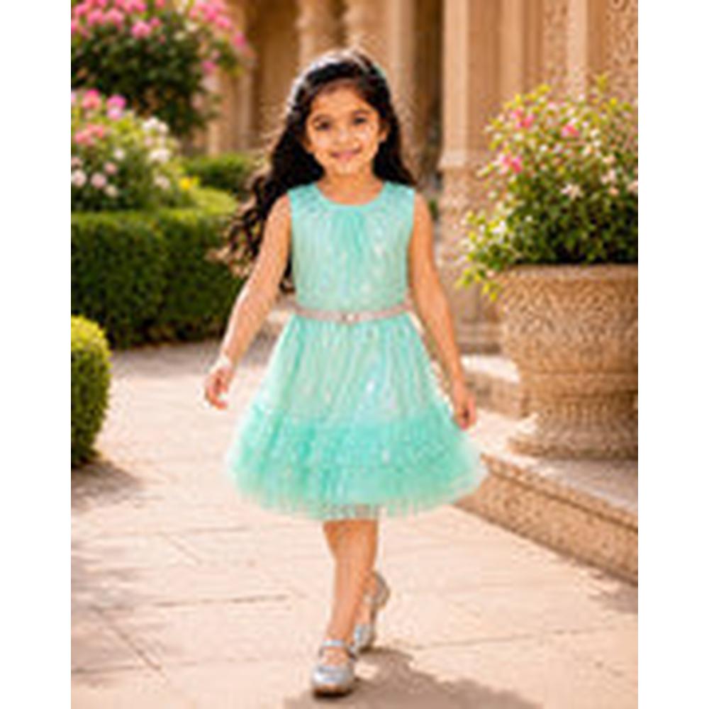 Saka Designs Girls Turquoise Shimmer Sequinned Fit & Flare Party Dress | Sleeveless Tiered Frock | Birthday & Special Occasion Wear