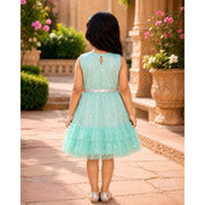 Saka Designs Girls Turquoise Shimmer Sequinned Fit & Flare Party Dress | Sleeveless Tiered Frock | Birthday & Special Occasion Wear
