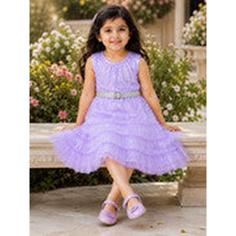 Saka Designs Girls Lavender Shimmer Sequinned Fit & Flare Party Dress | Sleeveless Tiered Frock | Birthday & Special Occasion Wear