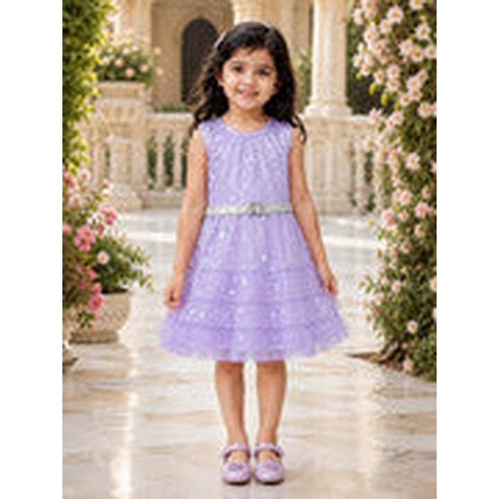 Saka Designs Girls Lavender Shimmer Sequinned Fit & Flare Party Dress | Sleeveless Tiered Frock | Birthday & Special Occasion Wear