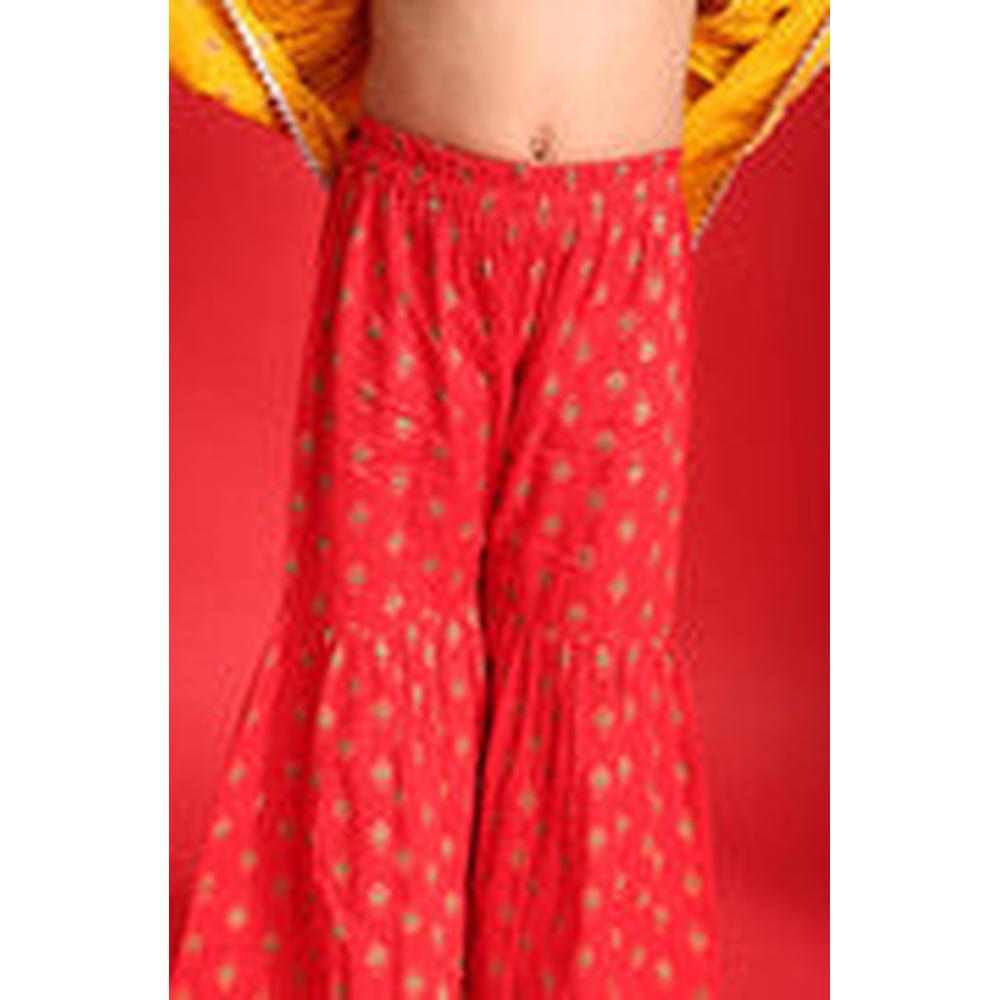 Saka Designs Girls Mustard Yellow & Red Floral Printed Peplum Sharara Set | Shoulder Tie-Up with Tassels | Traditional Festive & Wedding Wear