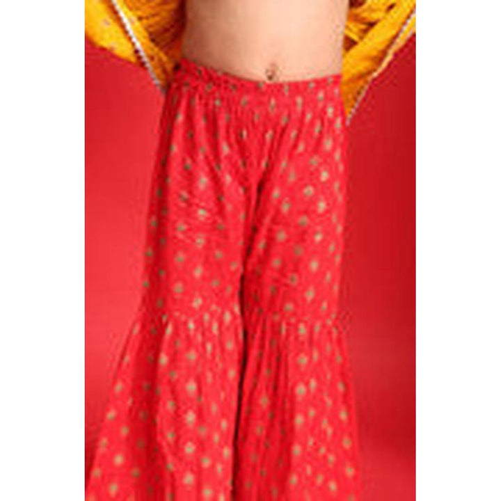 Saka Designs Girls Mustard Yellow & Red Floral Printed Peplum Sharara Set | Shoulder Tie-Up with Tassels | Traditional Festive & Wedding Wear