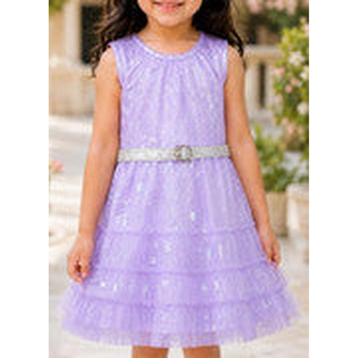 Saka Designs Girls Lavender Shimmer Sequinned Fit & Flare Party Dress | Sleeveless Tiered Frock | Birthday & Special Occasion Wear