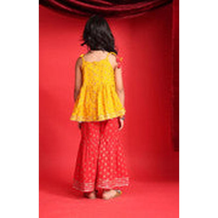 Saka Designs Girls Mustard Yellow & Red Floral Printed Peplum Sharara Set | Shoulder Tie-Up with Tassels | Traditional Festive & Wedding Wear