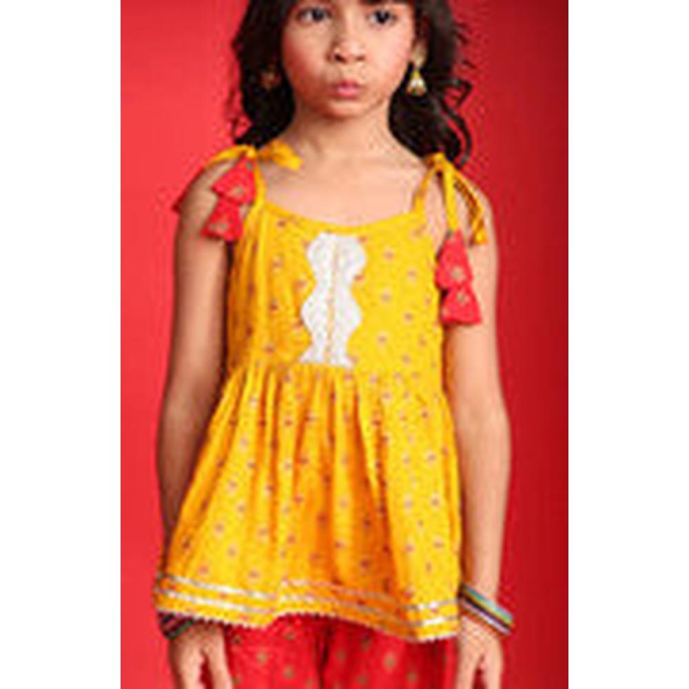 Saka Designs Girls Mustard Yellow & Red Floral Printed Peplum Sharara Set | Shoulder Tie-Up with Tassels | Traditional Festive & Wedding Wear