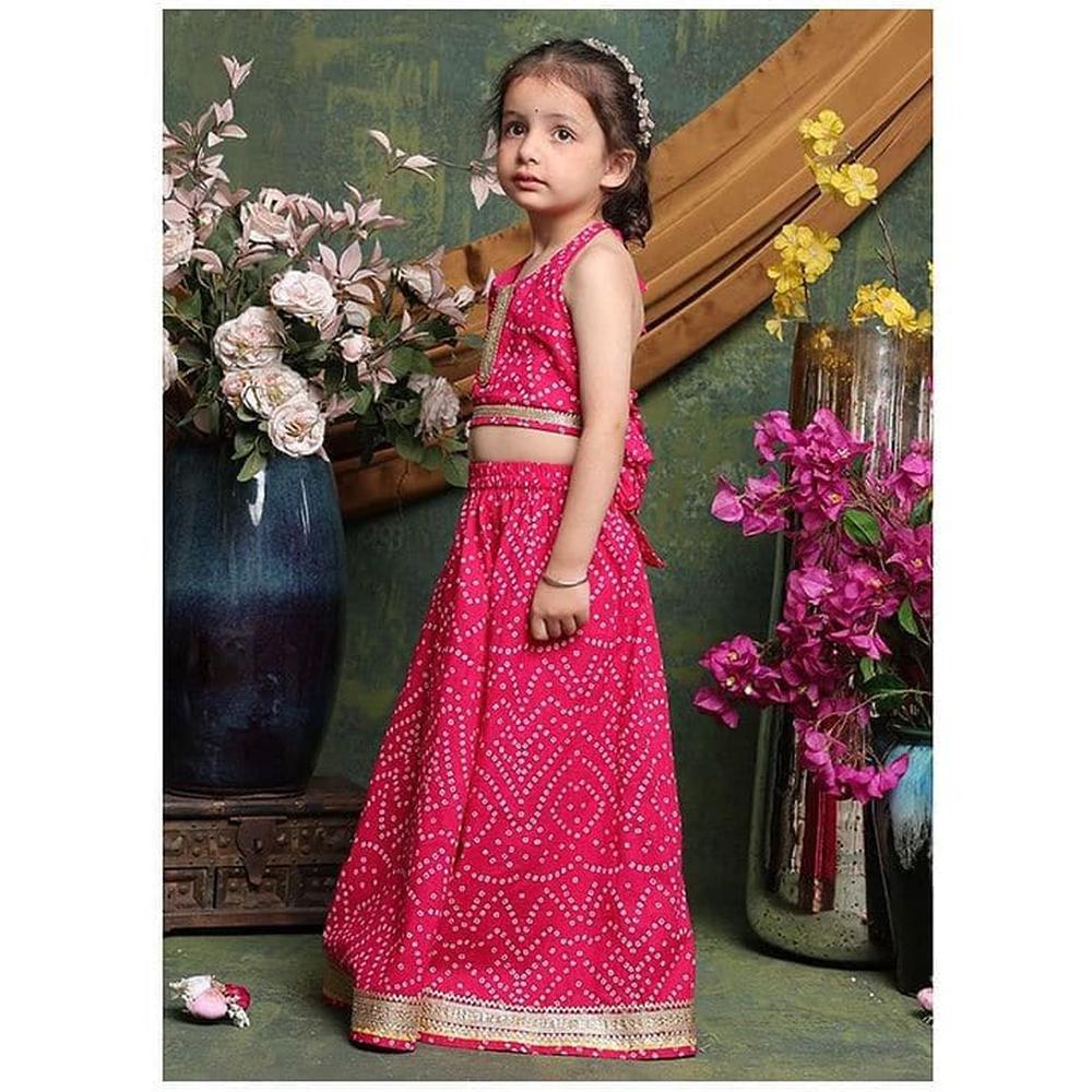 Saka Designs Girls Pink Bandhani Printed Lehenga Choli Set | Sleeveless Embellished Blouse & Flared Skirt | Traditional Festive & Wedding Wear