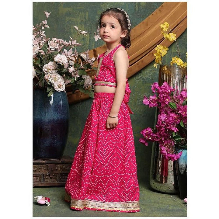 Saka Designs Girls Pink Bandhani Printed Lehenga Choli Set | Sleeveless Embellished Blouse & Flared Skirt | Traditional Festive & Wedding Wear
