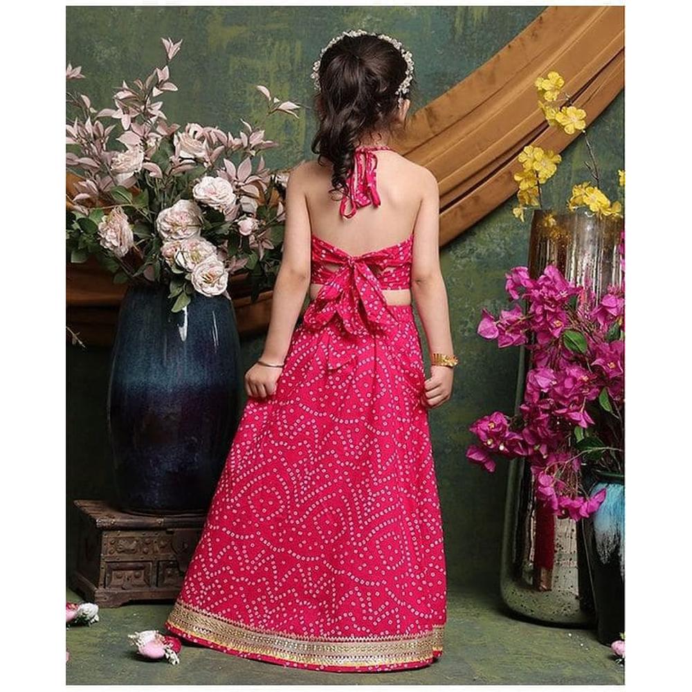Saka Designs Girls Pink Bandhani Printed Lehenga Choli Set | Sleeveless Embellished Blouse & Flared Skirt | Traditional Festive & Wedding Wear
